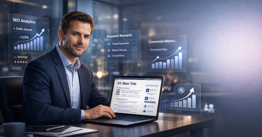 A man in a modern office works on a laptop showing a website draft while transparent dashboards float around him with SEO analytics, keyword research, traffic growth, and rising conversion charts, suggesting digital marketing strategy, optimization, and data-driven performance improvements.