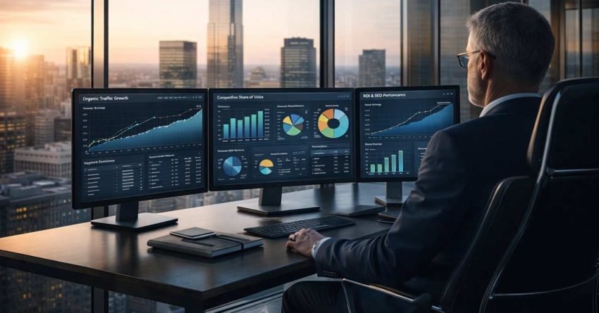 Executive seated in a high-rise office at sunset reviewing triple-monitor dashboards showing organic traffic growth, share of voice, ROI, and analytics charts, with city skyline views through floor-to-ceiling windows behind the workstation.