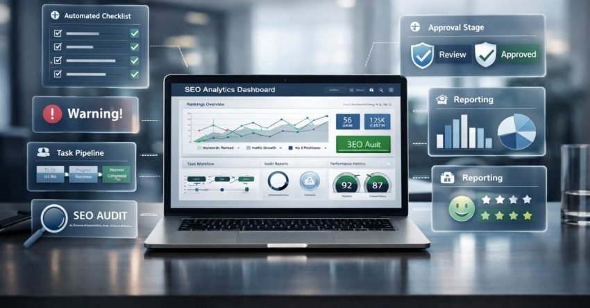 Laptop on a desk displaying an SEO analytics dashboard with ranking charts and metrics, surrounded by floating UI panels for automated checklists, warnings, task pipeline, approval stage, SEO audit, and reporting, set in a modern, blurred office background.