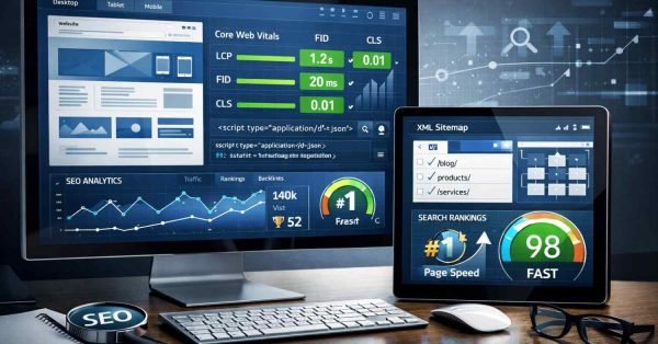 Modern desktop workspace showing dual screens with SEO dashboards displaying Core Web Vitals scores, traffic graphs, rankings, XML sitemap, and page speed indicators. A keyboard, mouse, magnifying glass labeled “SEO,” notebook, and glasses sit on the desk, emphasizing website optimization and analytics.