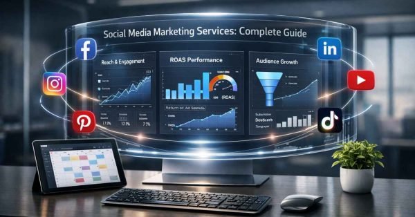 Futuristic desktop setup showing a curved screen with social media marketing dashboards, engagement graphs, ROAS metrics, and audience growth funnels, surrounded by Facebook, Instagram, LinkedIn, YouTube, Pinterest, and TikTok icons, plus a keyboard, tablet, mouse, and small plant on the desk.