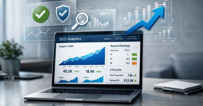 Laptop on an office desk displaying SEO analytics with rising organic traffic graphs, keyword rankings, CTR and ROI metrics, plus floating icons for security, search, and growth arrows, representing website performance optimization, data analysis, and digital marketing success.