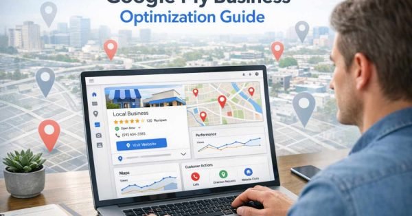 Man working at a desk with a laptop and monitor displaying Google Business Profile analytics, maps, and performance charts, overlooking a cityscape through large windows, with floating location pins and grid graphics symbolizing local SEO, business visibility, and geographic search optimization.