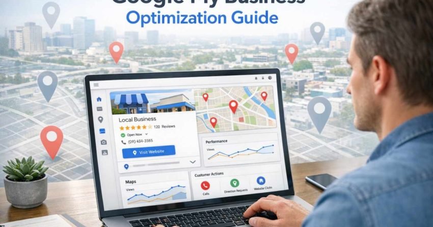 Man working at a desk with a laptop and monitor displaying Google Business Profile analytics, maps, and performance charts, overlooking a cityscape through large windows, with floating location pins and grid graphics symbolizing local SEO, business visibility, and geographic search optimization.