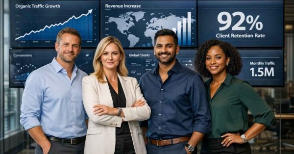 Four business professionals stand confidently in an office before large digital dashboards showing SEO metrics, organic traffic growth, revenue increase, global clients, 92% client retention rate, and 1.5M monthly traffic, conveying successful white-label SEO performance.