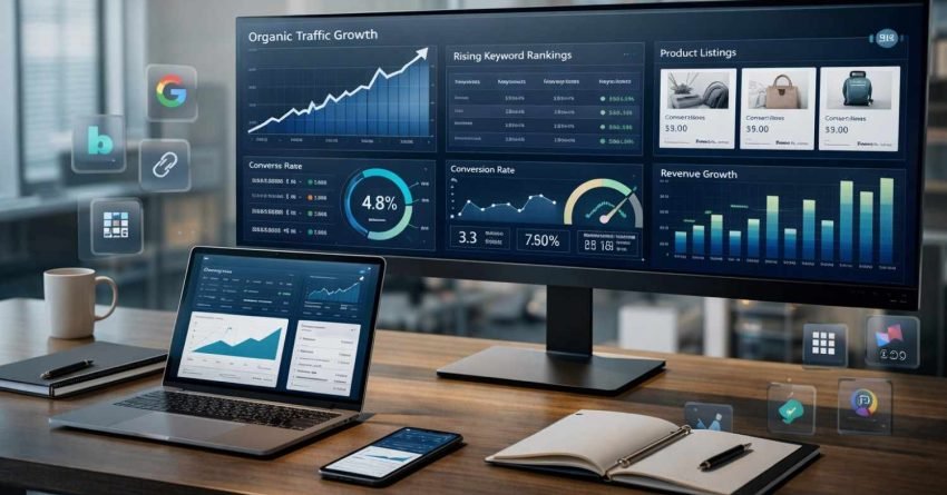 Modern office desk with a large monitor displaying SEO dashboards—organic traffic growth, keyword rankings, conversion rates, product listings, and revenue charts—alongside a laptop, smartphone, notebook, and floating digital icons, illustrating data-driven digital marketing performance.