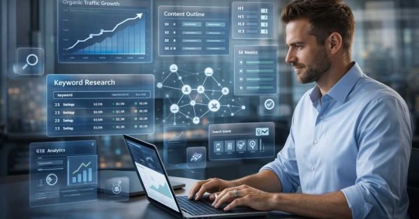 SEO specialist working on a laptop in a modern office while holographic dashboards show organic traffic growth, keyword research tables, content outlines, analytics charts, and network diagrams, illustrating data-driven search optimization and digital marketing strategy.