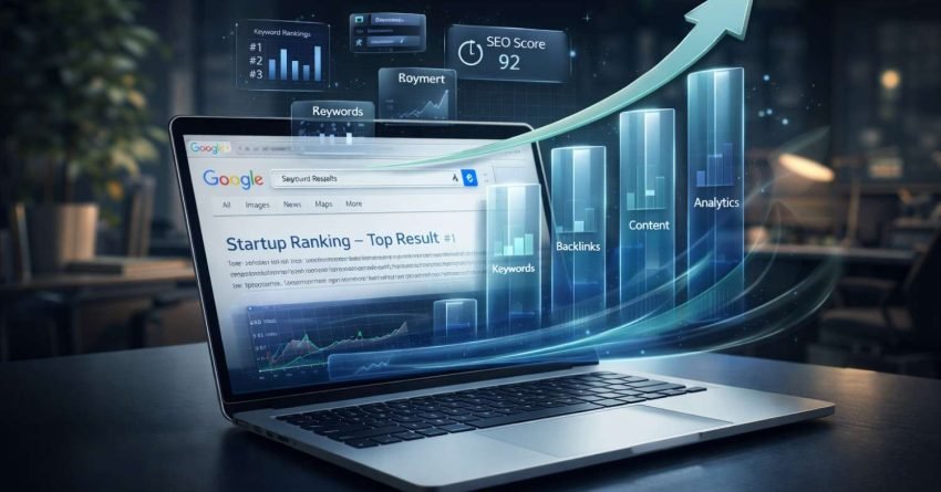 Laptop on a desk shows Google search results with rising SEO charts, holographic analytics panels for keywords, backlinks, content, and SEO score, plus an upward arrow and glowing growth bars, representing startup ranking improvements and search engine optimization success.