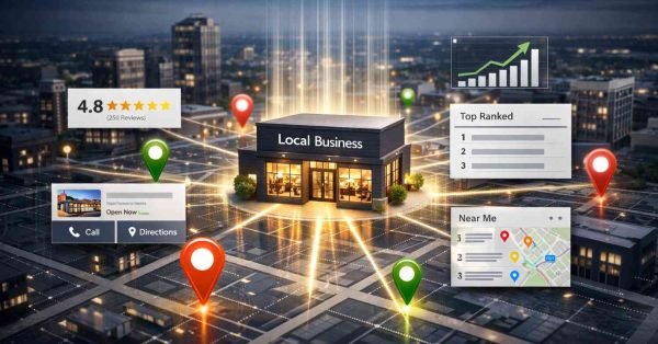 Illustration of a glowing local business building on a city grid with map pins, ratings, “near me” search panels, ranking lists, and rising charts, representing local SEO visibility, customer reviews, and location-based search performance