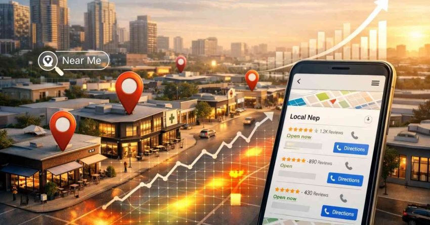 City neighborhood at sunset with map pins marking local businesses, rising graph overlay, and a smartphone showing nearby listings with ratings, reviews, and directions, symbolizing local SEO, “near me” searches, location-based marketing, and business growth in urban areas.