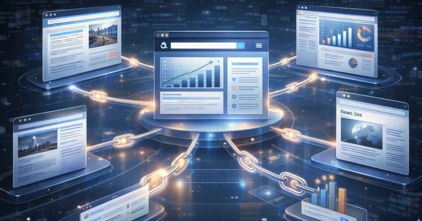 Illustration of a central website dashboard showing rising analytics, connected by glowing links to multiple surrounding web pages and news sites, symbolizing authoritative link building, SEO growth, data networks, and a futuristic digital ecosystem.