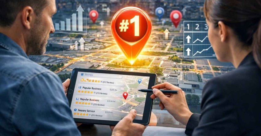Two professionals review a tablet map showing nearby business listings, star ratings, and locations over a cityscape, with a glowing number-one pin and rising charts, symbolizing top local search ranking, competitive analysis, and local SEO performance growth.