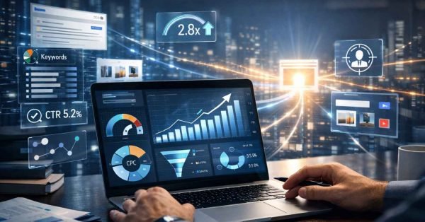 Marketer working on a laptop displaying SEO dashboards with rising traffic graphs, CPC metrics, keyword panels, CTR data, and glowing data streams in a futuristic city office, symbolizing digital growth and analytics-driven optimization.