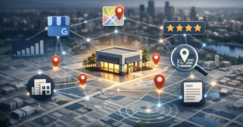 3D city map scene showing a central storefront connected to location pins, Google Business icon, star ratings, analytics charts, magnifying glass, and listing documents, representing local SEO optimization, business visibility, map rankings, reviews, and geographic search performance.