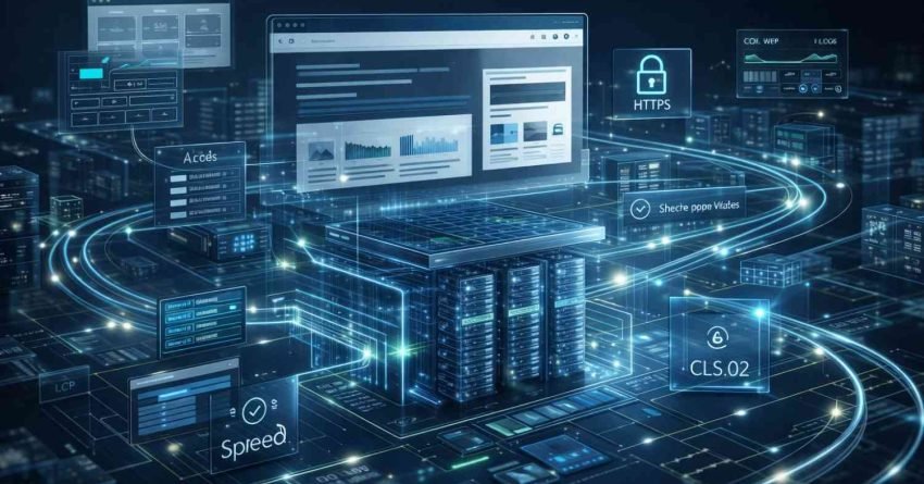Futuristic web hosting and performance scene showing servers beneath a floating browser dashboard, glowing data streams, speed metrics, HTTPS lock, CLS indicators, and optimization panels, representing secure, high-performance infrastructure and technical SEO monitoring.