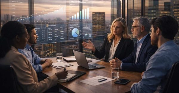 Business team in a high-rise meeting room at dusk discussing SEO strategy around a table, with holographic dashboards showing organic traffic growth, keyword rankings, and conversion charts against a city skyline backdrop.