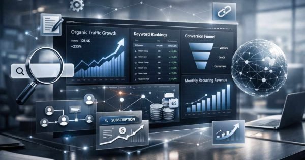 Futuristic analytics dashboard showing organic traffic growth, keyword rankings, conversion funnel, and monthly recurring revenue charts, with magnifying glass, subscription panel, coins, network globe, and SEO icons in a modern office setting.