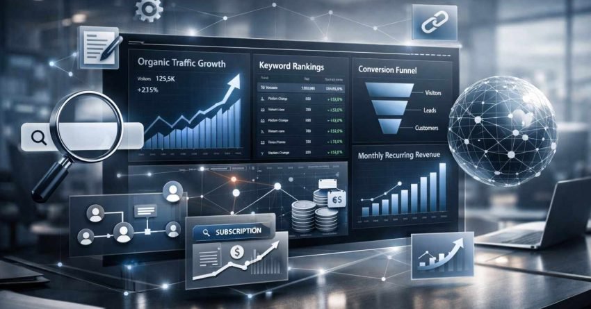 Futuristic analytics dashboard showing organic traffic growth, keyword rankings, conversion funnel, and monthly recurring revenue charts, with magnifying glass, subscription panel, coins, network globe, and SEO icons in a modern office setting.