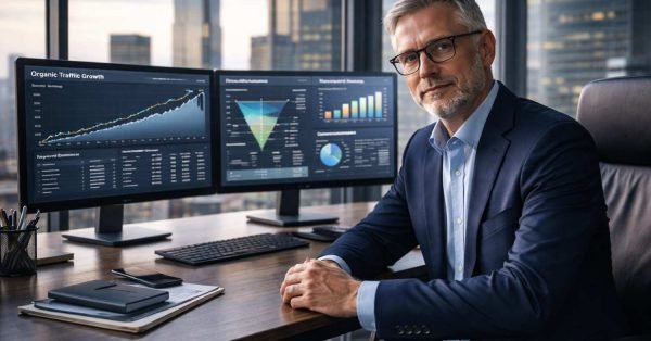 Executive seated at a desk in a glass-walled office, facing dual monitors displaying organic traffic growth, funnel analytics, and conversion charts, with a city skyline outside the windows and notebooks and phone on the workspace.