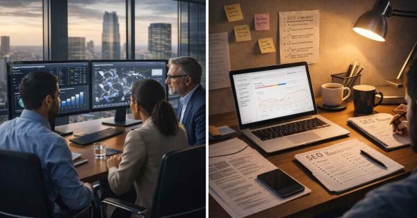 Split image comparing “Professional SEO Services” with a corporate team reviewing analytics dashboards in a glass office, and “DIY SEO” showing a solo workspace with a laptop, checklist notes, coffee, and SEO basics notebook under desk lamp lighting.