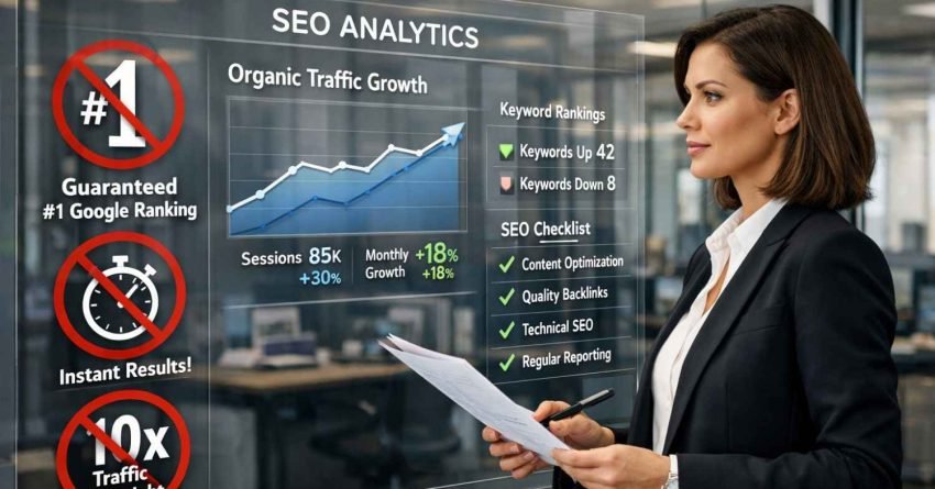 Businesswoman reviewing a transparent SEO analytics dashboard in an office, showing organic traffic growth charts, keyword ranking changes, and an SEO checklist, alongside warning icons rejecting instant results, guaranteed rankings, and overnight traffic claims.
