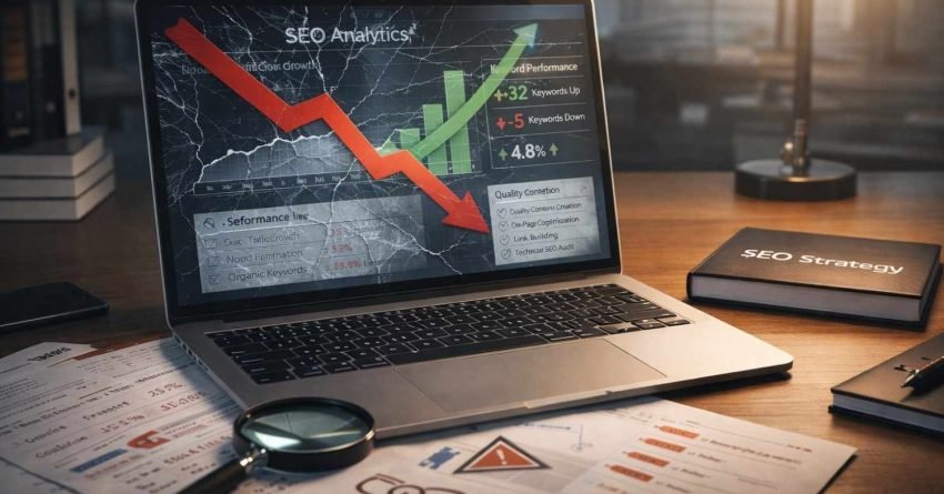 Laptop on a desk displaying cracked SEO analytics with a red downward arrow and green recovery bars, surrounded by reports, a magnifying glass, and an “SEO Strategy” notebook, symbolizing SEO problems, audits, and recovery planning.
