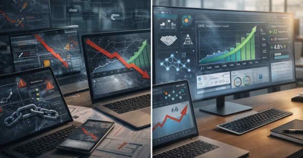 Split-screen showing SEO failure and recovery: left side with laptops displaying red downward graphs, warnings, broken links, and chains; right side with clean monitors showing rising green charts, performance dashboards, analytics icons, and growth indicators on a modern office desk.