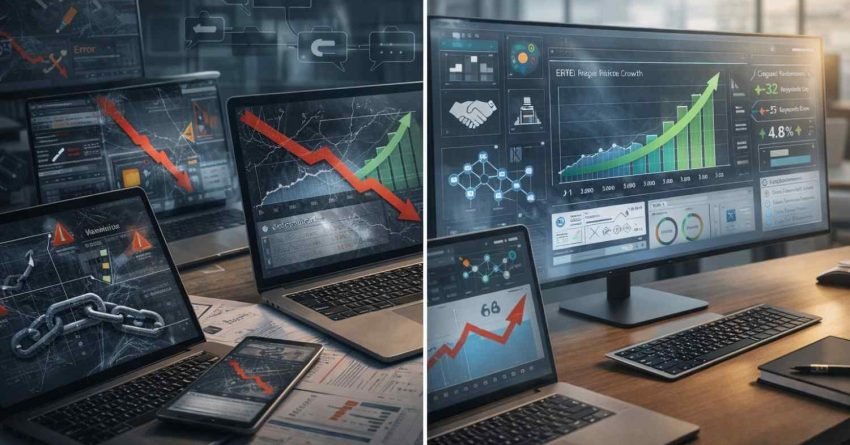 Split-screen showing SEO failure and recovery: left side with laptops displaying red downward graphs, warnings, broken links, and chains; right side with clean monitors showing rising green charts, performance dashboards, analytics icons, and growth indicators on a modern office desk.