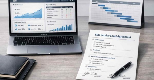 Laptop displaying SEO dashboards sits on a desk beside an “SEO Service Level Agreement” checklist with a pen, calendar timeline chart, and notebook, showing traffic graphs, keyword rankings, KPIs, deliverables, timelines, and compliance in a clean professional workspace.