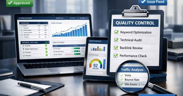 Desk scene showing laptop and tablet with SEO dashboards, traffic growth charts, and a quality-control checklist on a clipboard, plus magnifying glass over analytics, with labels like “Approved,” “Issue Fixed,” and “Quality Verified” in a modern agency office.