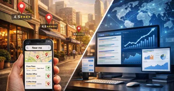 Split-screen comparison of Local SEO and Traditional SEO, showing a phone with nearby business listings, map pins, and star ratings on a city street versus a desktop analytics dashboard with global network graphics, highlighting location-based search visibility versus broader website performance tracking.
