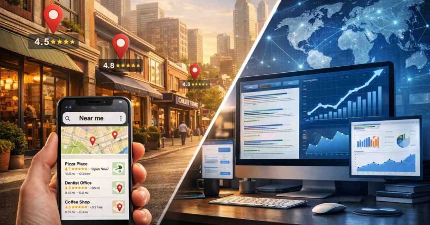 Split-screen comparison of Local SEO and Traditional SEO, showing a phone with nearby business listings, map pins, and star ratings on a city street versus a desktop analytics dashboard with global network graphics, highlighting location-based search visibility versus broader website performance tracking.