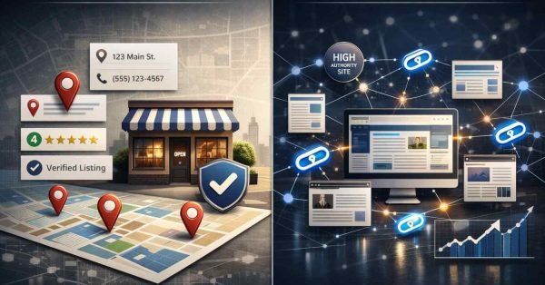 Split-screen illustration comparing citations and backlinks: left shows a local storefront with map pins, address, reviews, and verified listing icons; right shows websites connected by glowing links, authority labels, and ranking graphs, representing local business consistency versus link-based SEO authority growth.