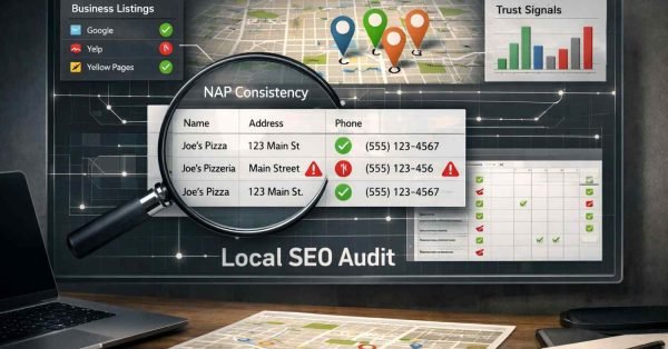 Workspace scene showing a Local SEO audit dashboard with a magnifying glass over NAP consistency data, business listings, address and phone checks, map pins, trust signal charts, and checklists, emphasizing citation accuracy, local rankings, and location-based optimization analysis.