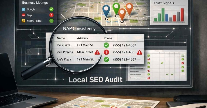 Workspace scene showing a Local SEO audit dashboard with a magnifying glass over NAP consistency data, business listings, address and phone checks, map pins, trust signal charts, and checklists, emphasizing citation accuracy, local rankings, and location-based optimization analysis.
