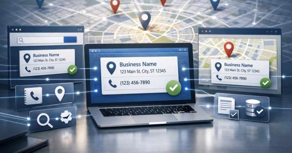 Laptop and floating panels display consistent business name, address, and phone details connected across maps with location pins and checkmarks, representing citation management, NAP consistency, and local SEO optimization for improved visibility across directories and search platforms.
