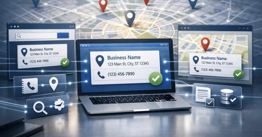 Laptop and floating panels display consistent business name, address, and phone details connected across maps with location pins and checkmarks, representing citation management, NAP consistency, and local SEO optimization for improved visibility across directories and search platforms.