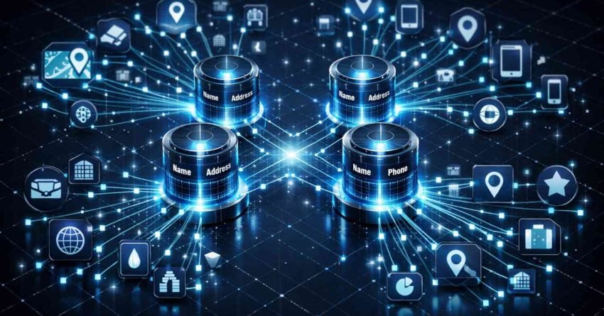 Futuristic network visualization showing databases labeled name, address, and phone connected to maps, devices, buildings, and location icons, representing NAP data distribution, citation management, local SEO infrastructure, directory syncing, and location-based information networks across digital platforms.
