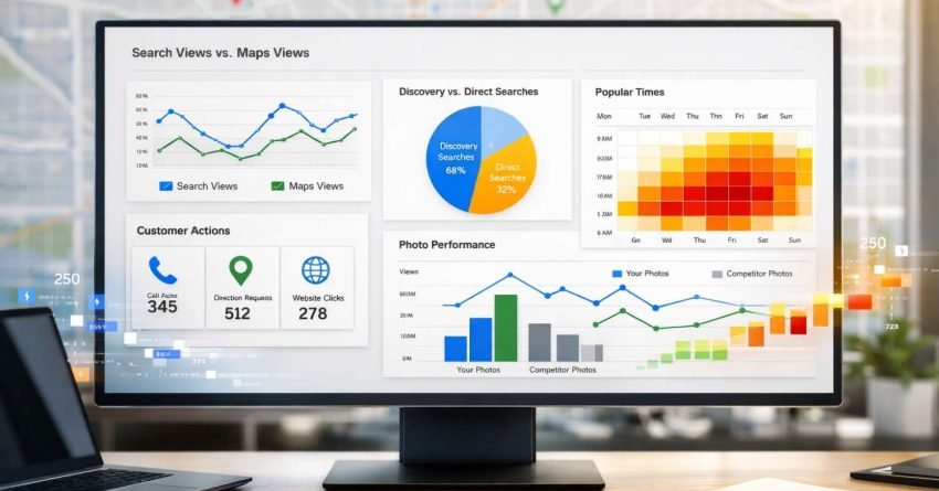 Desktop monitor displaying a local SEO analytics dashboard with charts for search versus map views, discovery searches, popular times heatmap, customer actions, and photo performance, sitting on a desk with a laptop and notebook in a modern office setting.