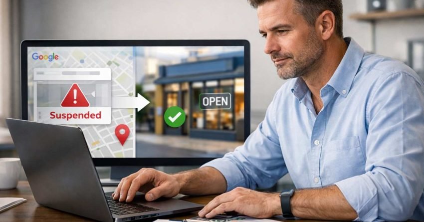 Man working on a laptop at a desk while a monitor behind him shows a Google listing changing from “Suspended” to “Open” with a checkmark, alongside a verified document, representing business reinstatement, local SEO recovery, and profile verification process.