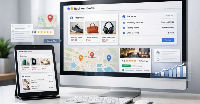 Modern office desk with a large monitor and tablet displaying a Google Business Profile dashboard, products, services, reviews, star ratings, analytics charts, and local pack results, illustrating local SEO management, reputation tracking, and business performance optimization.