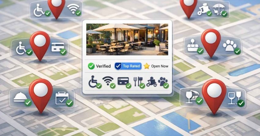 Map interface highlighting a restaurant listing labeled verified, top rated, and open now, surrounded by red location pins and amenity icons like wheelchair access, Wi-Fi, cards accepted, outdoor seating, pets allowed, and drinks, illustrating local search visibility and business features.