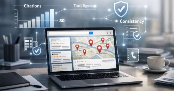 Laptop on a desk shows a Google Maps–style local search dashboard with business pins, overlaid graphs labeled citation growth, trust signals, and consistency checks, plus a notebook and coffee mug nearby, illustrating local SEO analysis and business listing optimization.