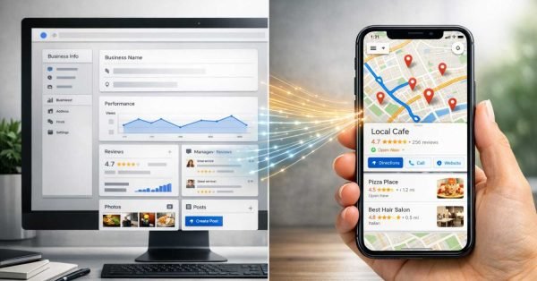 Split-screen image showing a desktop business dashboard with performance graphs, reviews, and photos on the left, and a hand holding a smartphone with a map-based local search result listing cafes and shops on the right, connected by glowing data streaks.