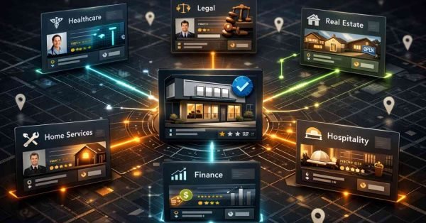 Futuristic dashboard illustration showing a central “Business Hub” panel connected by glowing data paths to industry cards labeled healthcare, legal, home services, real estate, hospitality, and finance, representing interconnected local business platforms, directories, and category-based data networks.