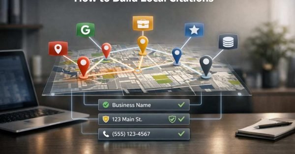 Modern office desk with a widescreen monitor showing a city map covered in location pins and NAP details—business name, address, phone—marked verified, alongside floating directory logos like Google Maps and Yelp, illustrating citation management, local SEO validation, and listing consistency.