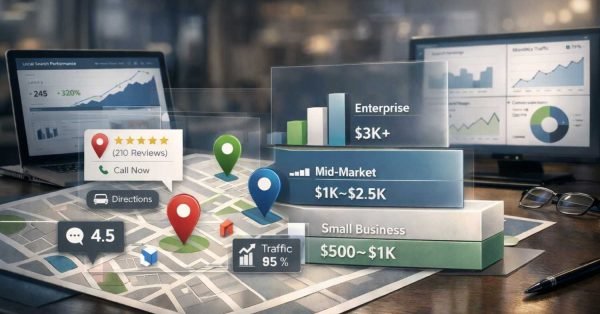 Office desk scene with a printed city map, glowing location pins, review and call-to-action icons, and stacked pricing tiers for small business, mid-market, and enterprise, while computer screens behind show local search performance charts and traffic analytics.