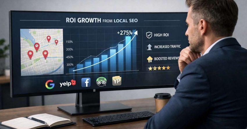 A businessman studies a widescreen monitor displaying “ROI Growth from Local SEO,” a rising bar chart to 275%, city map pins, platform logos, and icons for high ROI, increased traffic, and boosted reviews on a modern office desk.