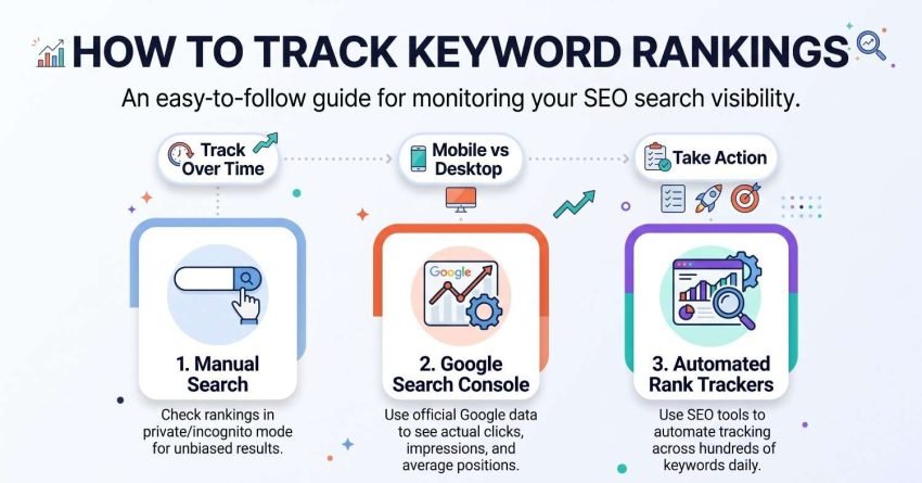 An educational SEO infographic titled "HOW TO TRACK KEYWORD RANKINGS: An easy-to-follow guide for monitoring your SEO search visibility". The upper section highlights three core monitoring principles: "Track Over Time", "Mobile vs Desktop", and "Take Action". The lower section outlines three primary methods displayed in distinct card containers: 1. Manual Search (checking rankings in incognito/private mode for unbiased results), 2. Google Search Console (leveraging official Google data for clicks, impressions, and average positions), and 3. Automated Rank Trackers (using dedicated SEO software to monitor hundreds of target keywords daily).