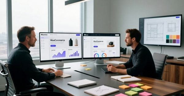 Professional marketing strategist and web developer collaborating on WooCommerce website analytics and design layout in a U.S. agency office.